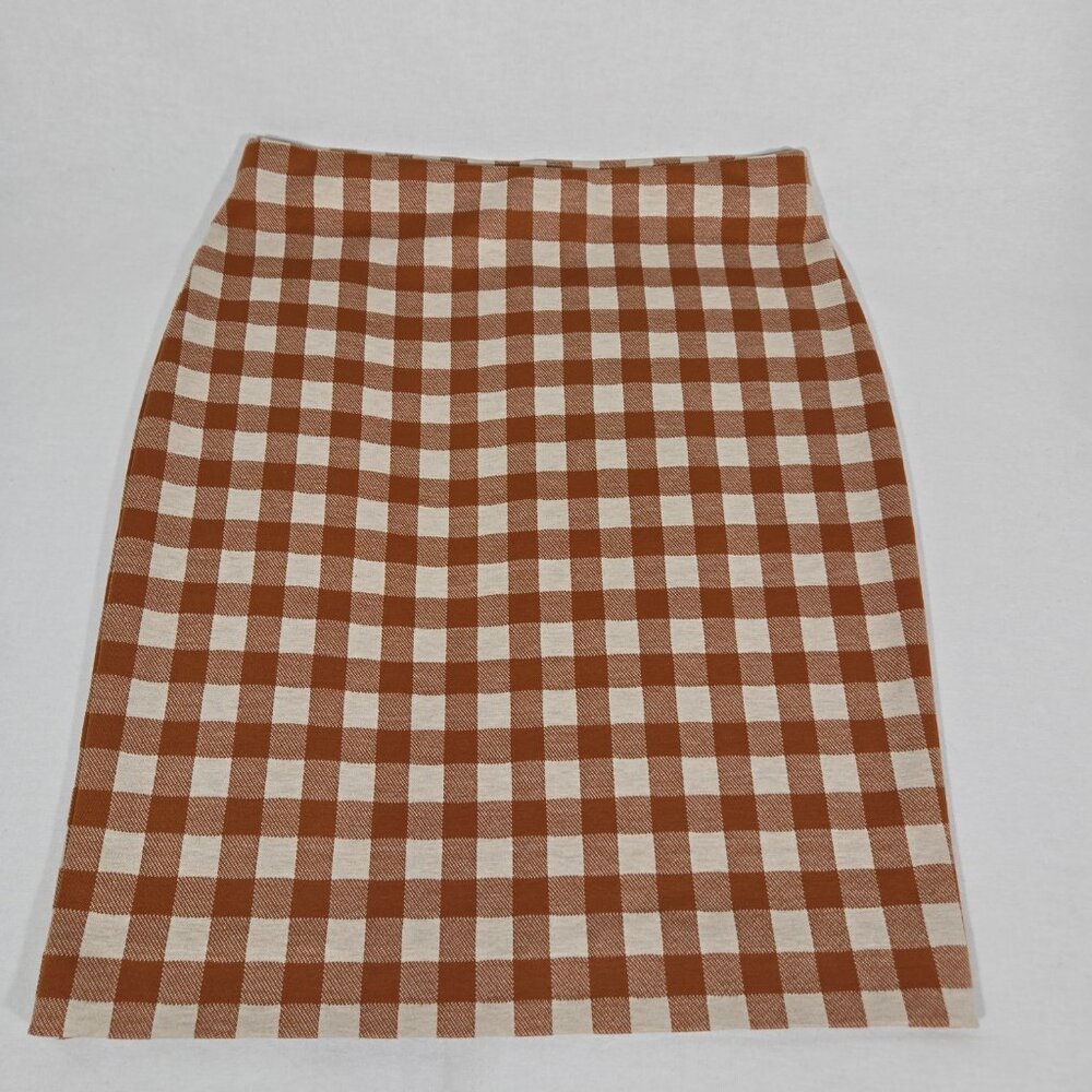 ACADEMIA - SIREN Brown & Beige Checkered Ponte Knit Pencil Mini Skirt PETITE XSP - Picture 9 of 16
